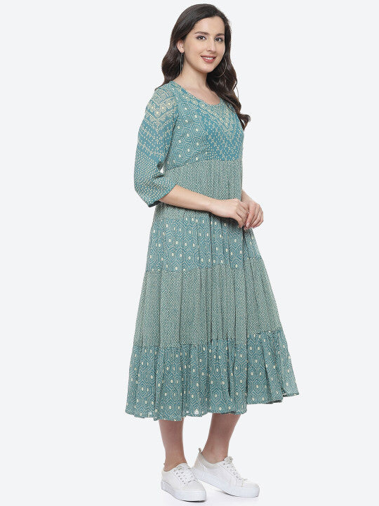Biba Women Teal & Cream-Coloured Ethnic Motifs Ethnic A-Line Dress