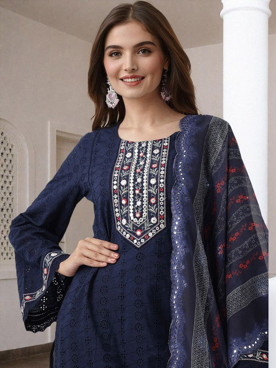 Ishin Floral Embroidered Pure Cotton Straight Kurta With Trouser & Dupatta