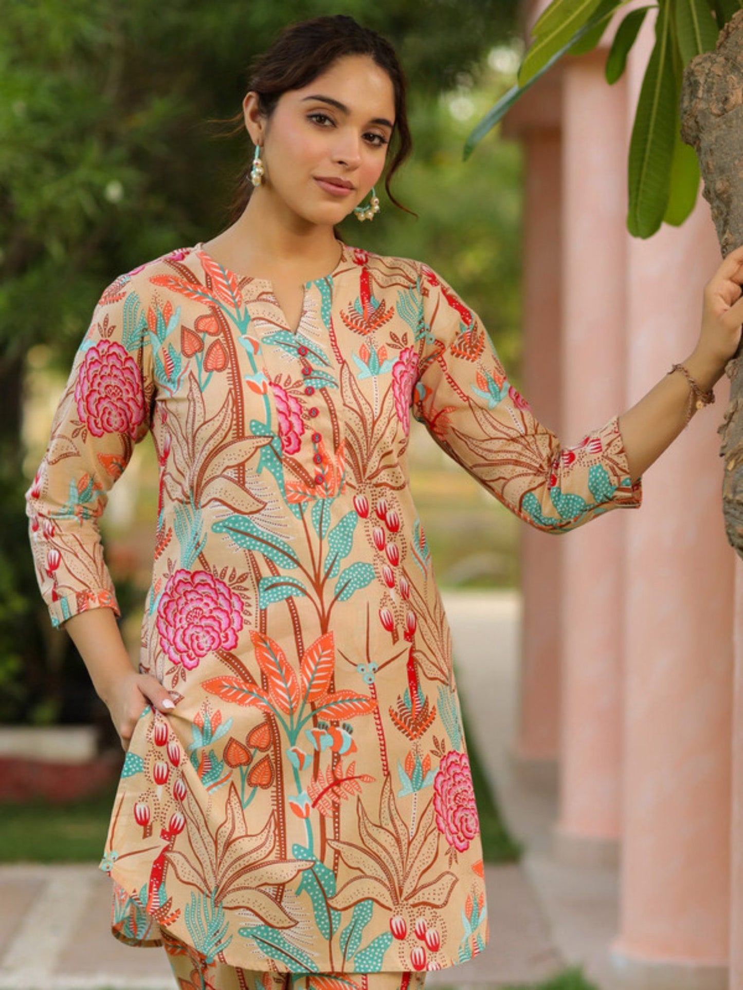 Beige Floral Printed Pure Cotton Co-Ord Set