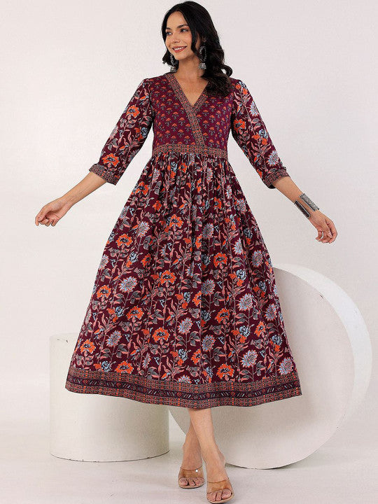 GULAB CHAND TRENDS Floral Cotton Fit & Flare Midi Ethnic Dress