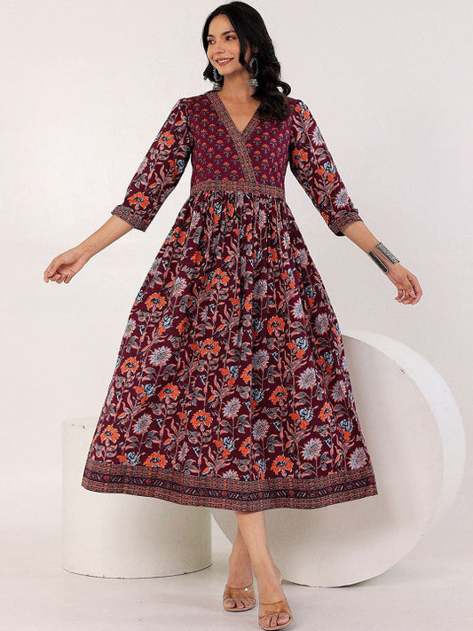 GULAB CHAND TRENDS Floral Cotton Fit & Flare Midi Ethnic Dress