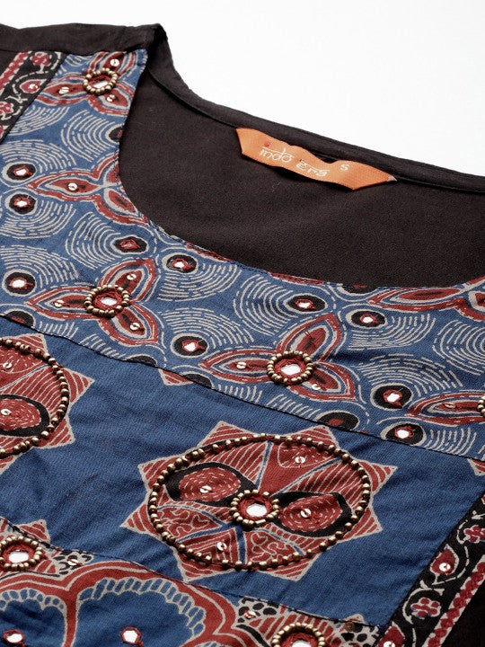Indo Era Ethnic Motifs Printed Mirror Work Pure Cotton Kurta with Trousers & With Dupatta