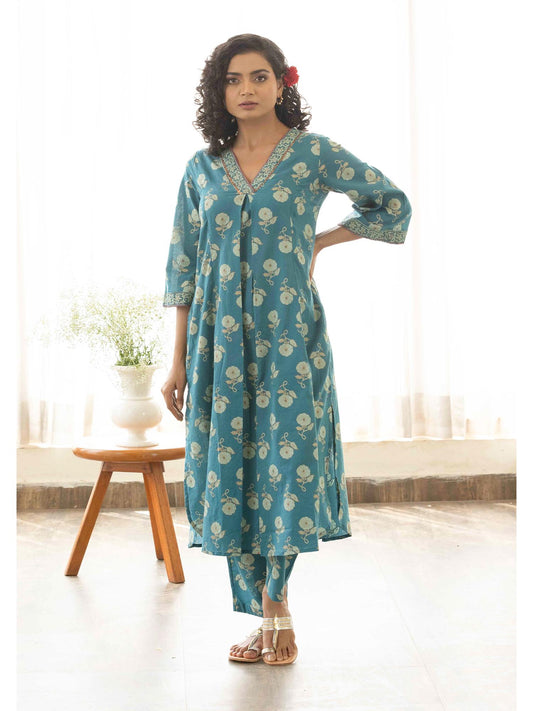 Blue Floral Discharge Print Flared Co-Ord Set