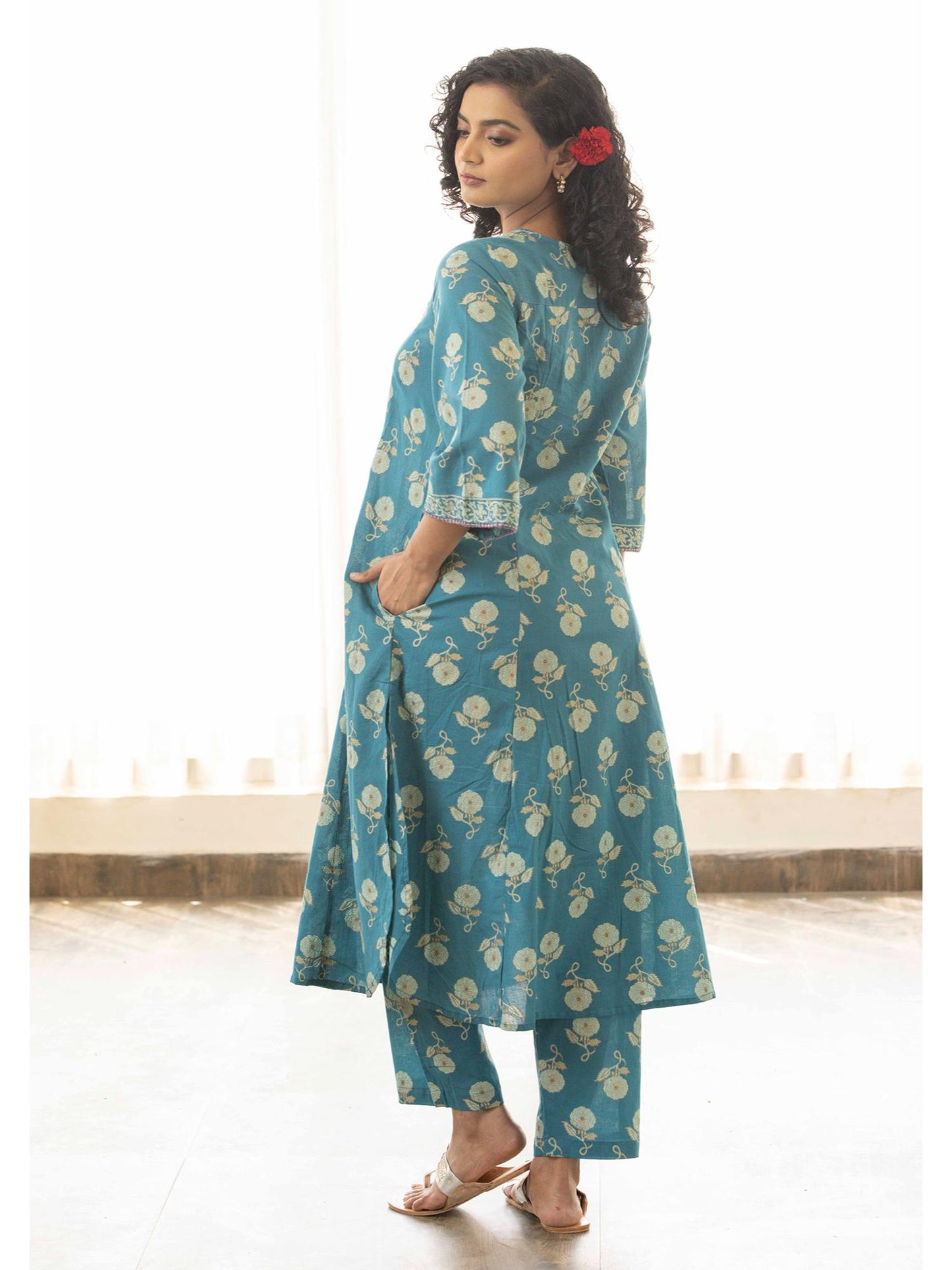 Blue Floral Discharge Print Flared Co-Ord Set