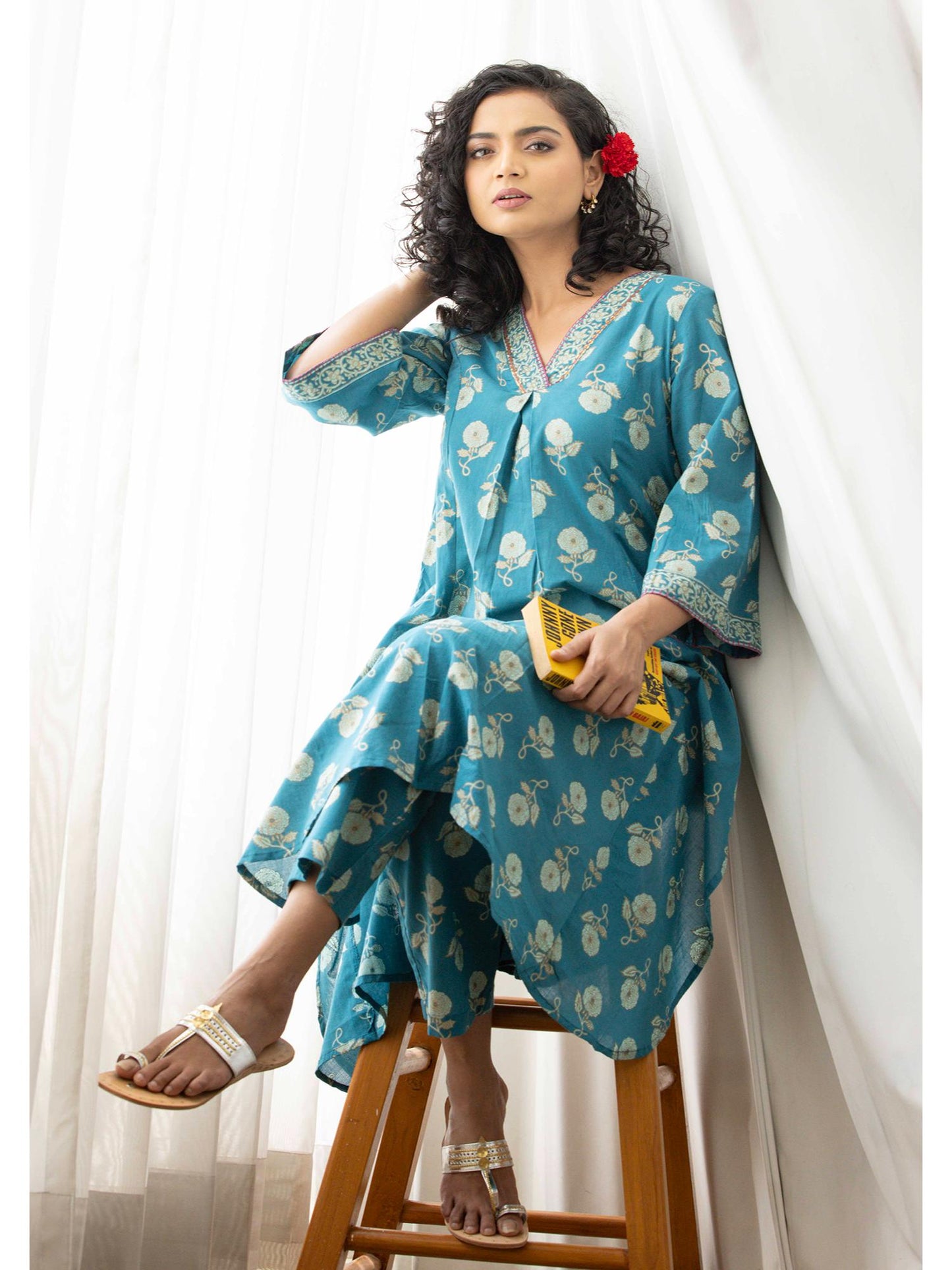 Blue Floral Discharge Print Flared Co-Ord Set
