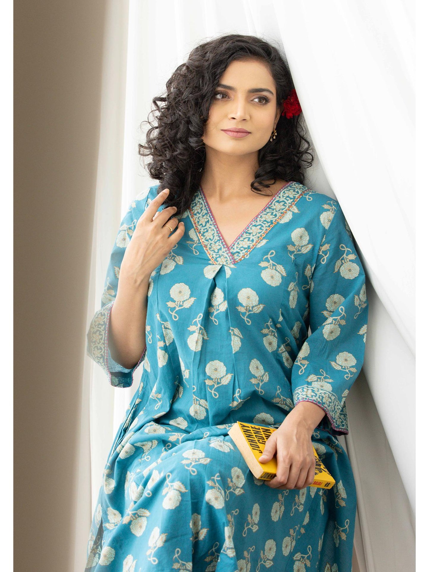 Blue Floral Discharge Print Flared Co-Ord Set