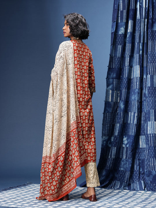 Taavi Ethnic Motifs Printed Bagru Kurta with Trousers & Dupatta