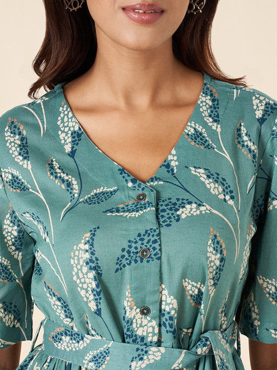 AKKRITI BY PANTALOONS Floral Printed Belt Detailed Puff Sleeves Cotton Shirt Style Dress