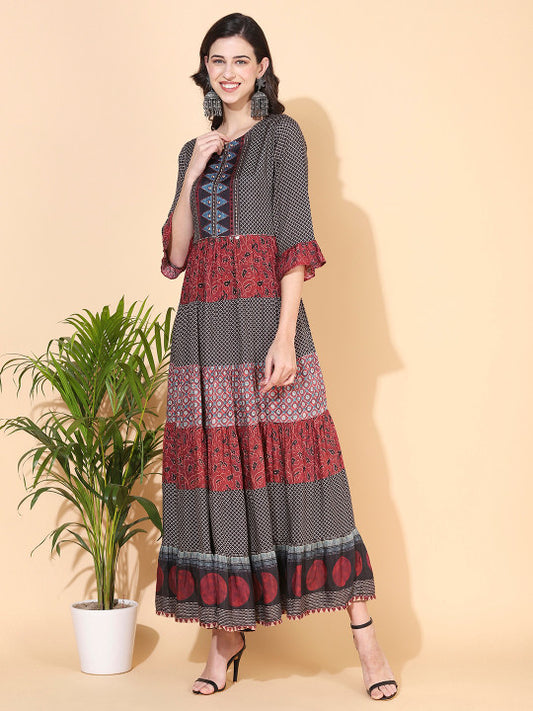 FASHOR Brown & Red Ethnic Motifs Printed Tiered Maxi Dress