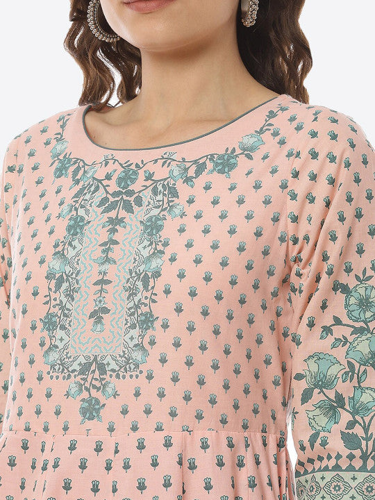 Biba Peach-Coloured Ethnic Motifs Ethnic Midi Dress