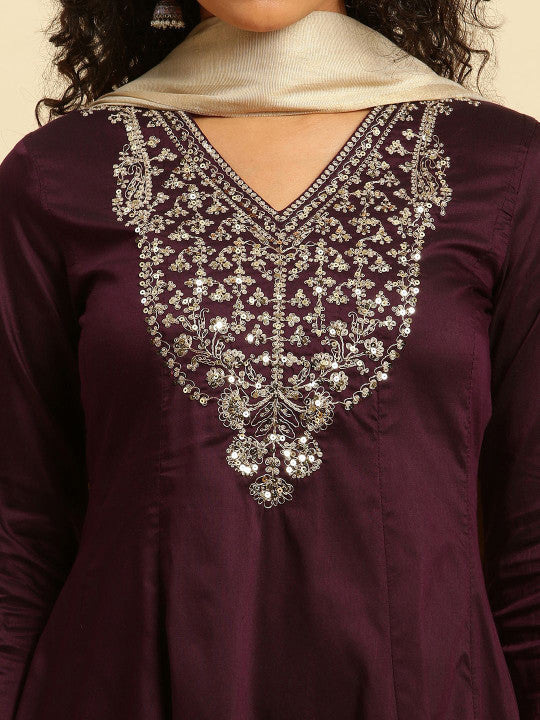 W Floral Embroidered Sequinned Anarkali Kurta & Trousers With Dupatta