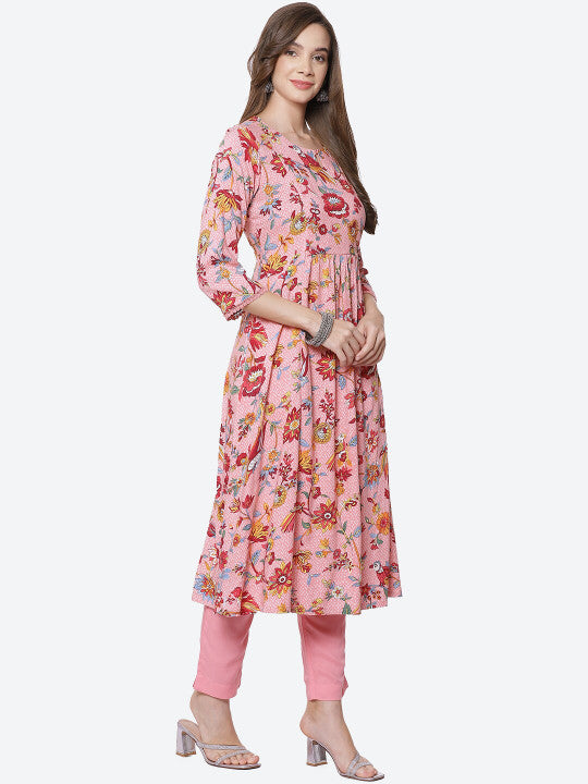 Biba Women Pink Floral Printed High Slit Kurta with Trousers & With Dupatta