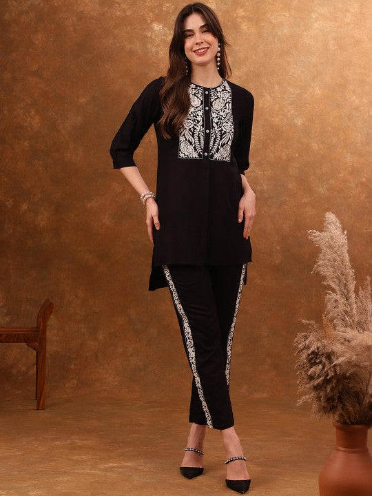 Anouk Black Embroidered Tunic & Trousers Co-Ords Set