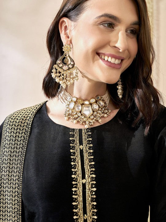 Anouk Black Floral Embroidered Beads & Stones Jacquard Kurta