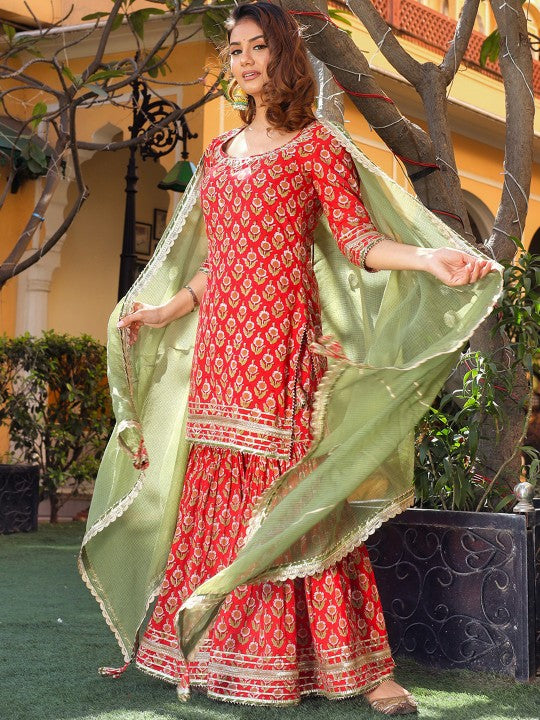 Divena Women Maroon & Green Ethnic Printed Pure Cotton Kurta with Sharara & With Dupatta