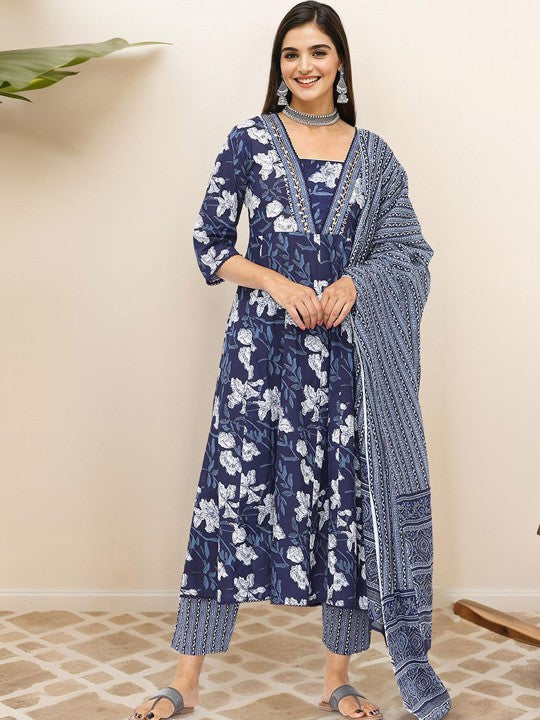 Ishin Floral Printed Pure Cotton Kurta with Trousers & Dupatta