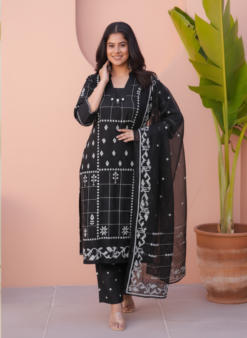 Soft Cotton Geometric Flared Black Kurta