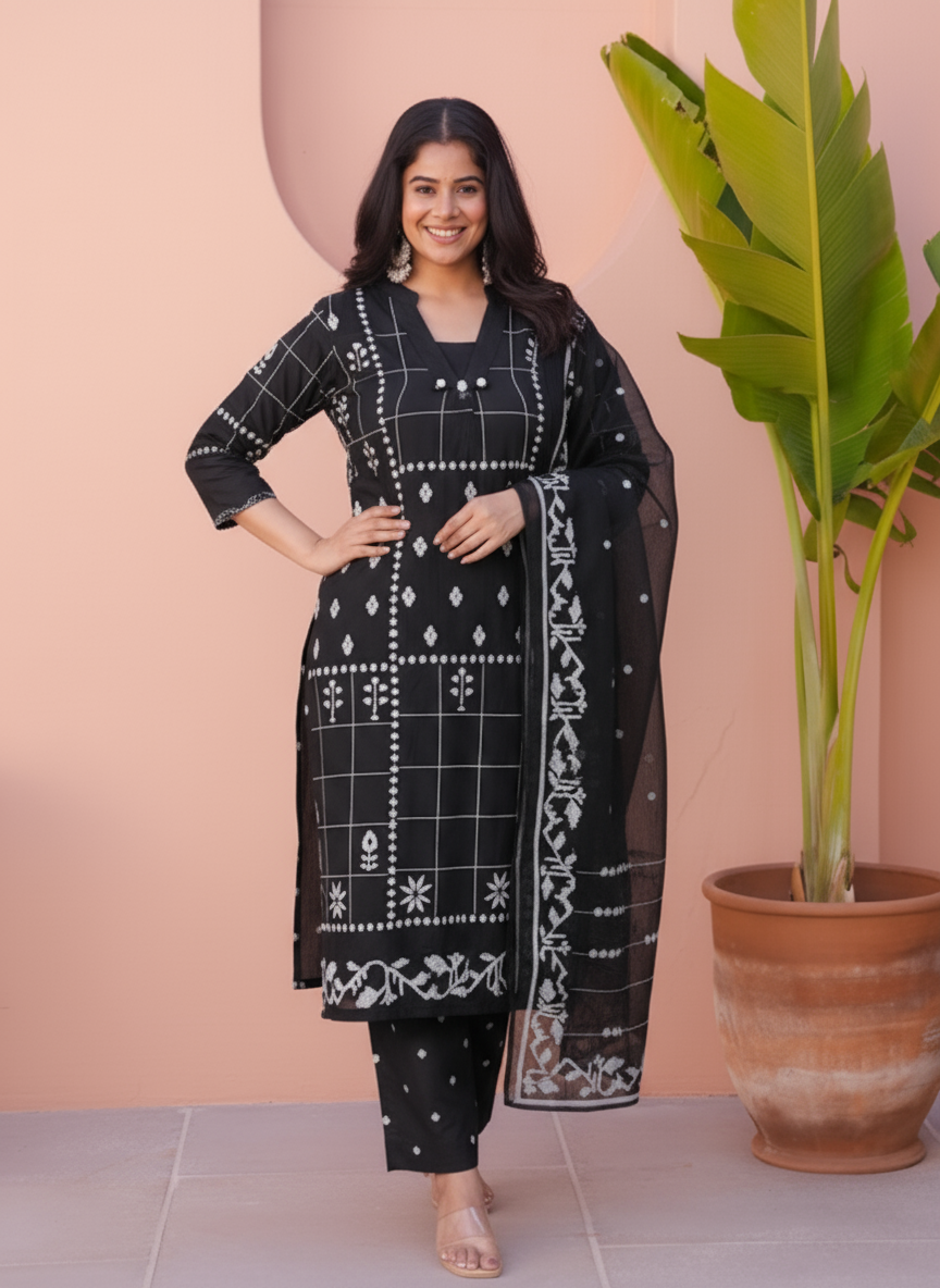 Soft Cotton Geometric Flared Black Kurta