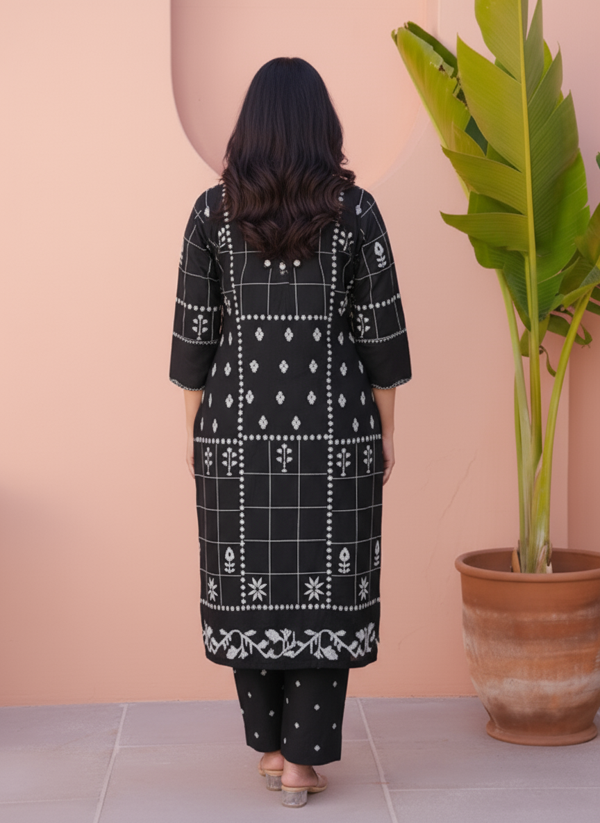 Soft Cotton Geometric Flared Black Kurta