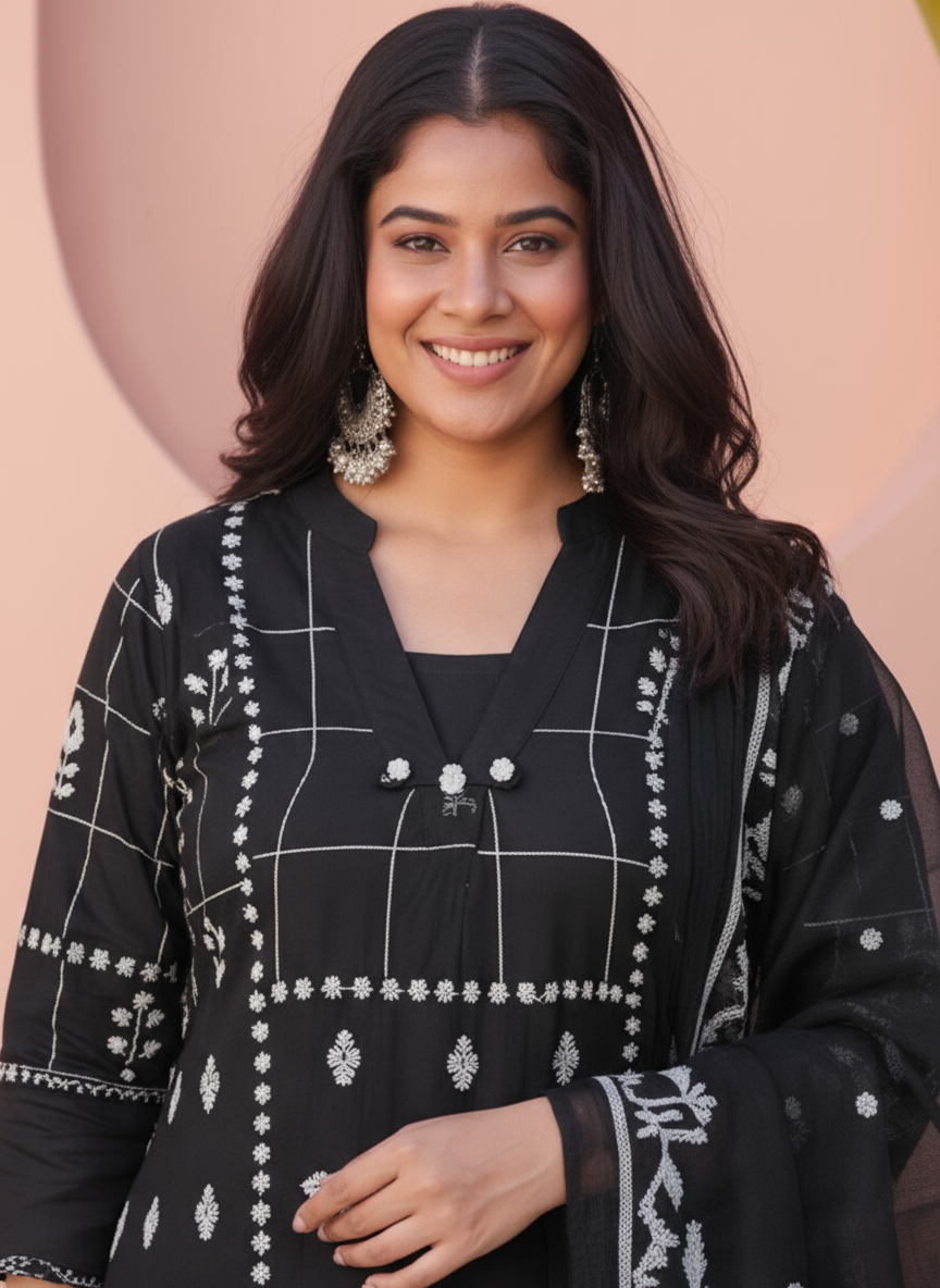 Soft Cotton Geometric Flared Black Kurta