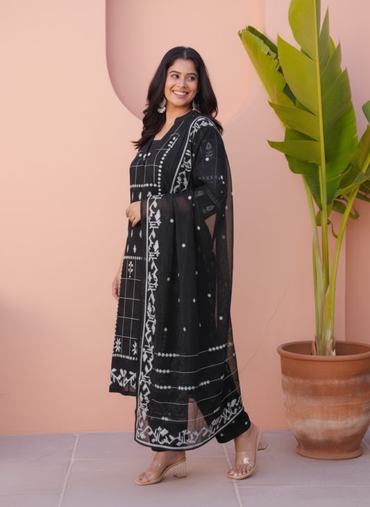 Soft Cotton Geometric Flared Black Kurta
