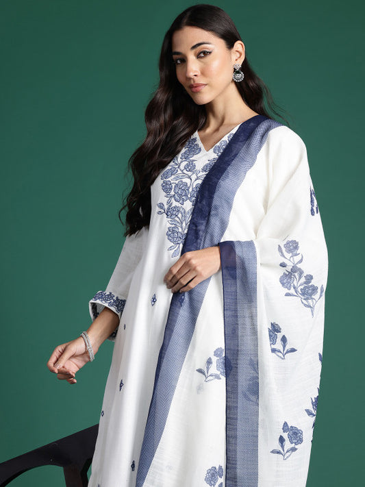 Indo Era Floral Embroidered Thread Work Pure Cotton Kurta with Trousers & With Dupatta