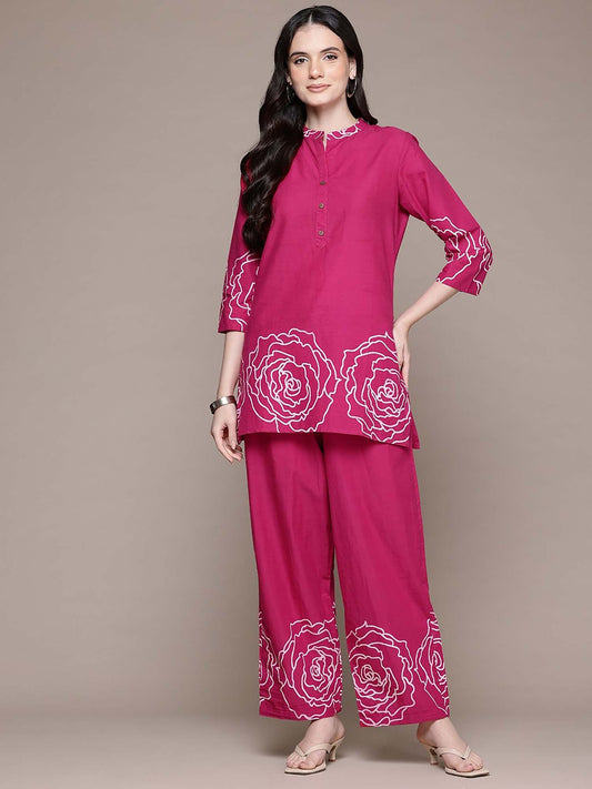 A-Line Style Cotton Fabric Pink Color Tunic with Palazzo Co-Ord (Set of 2)