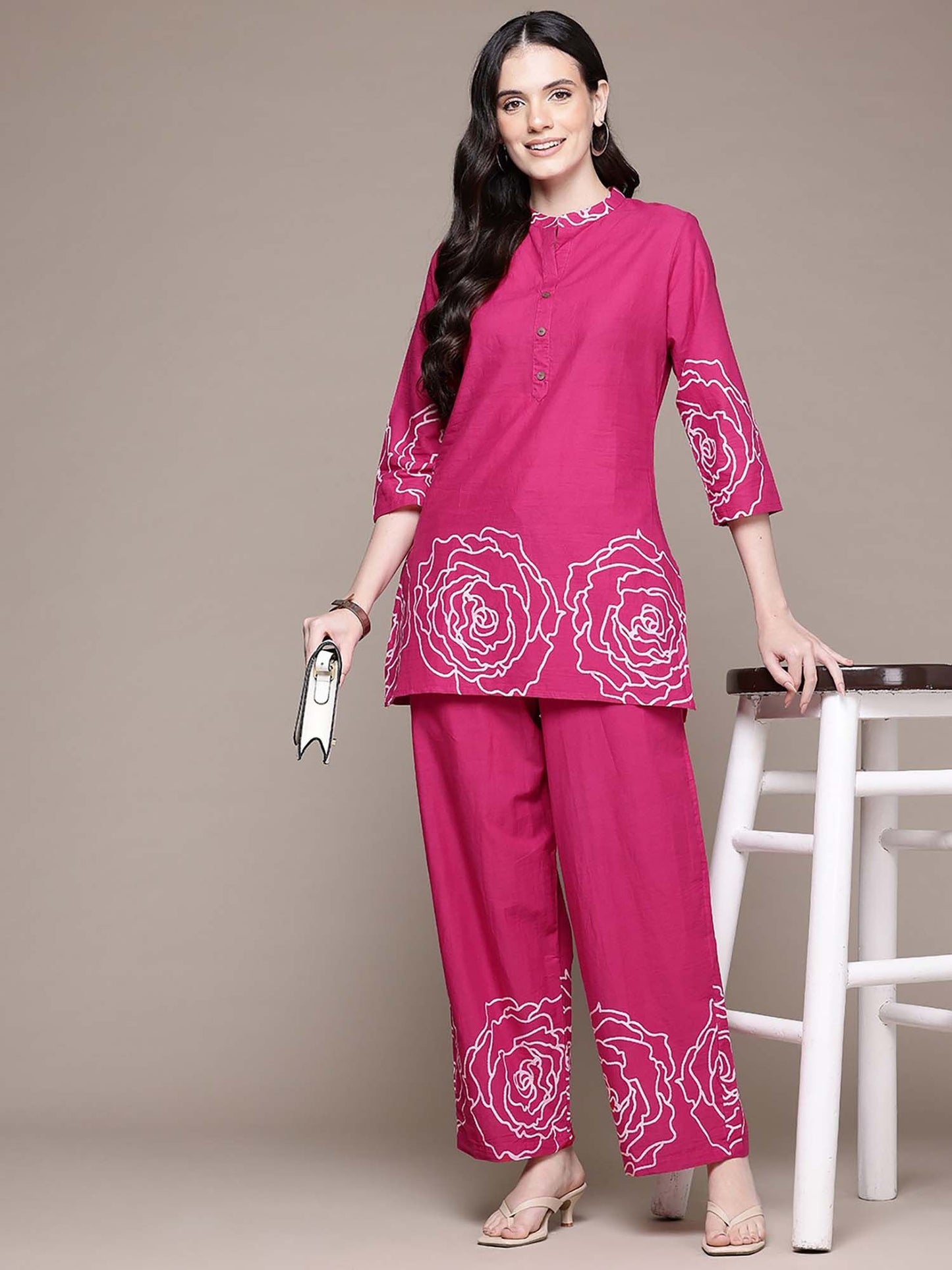A-Line Style Cotton Fabric Pink Color Tunic with Palazzo Co-Ord (Set of 2)