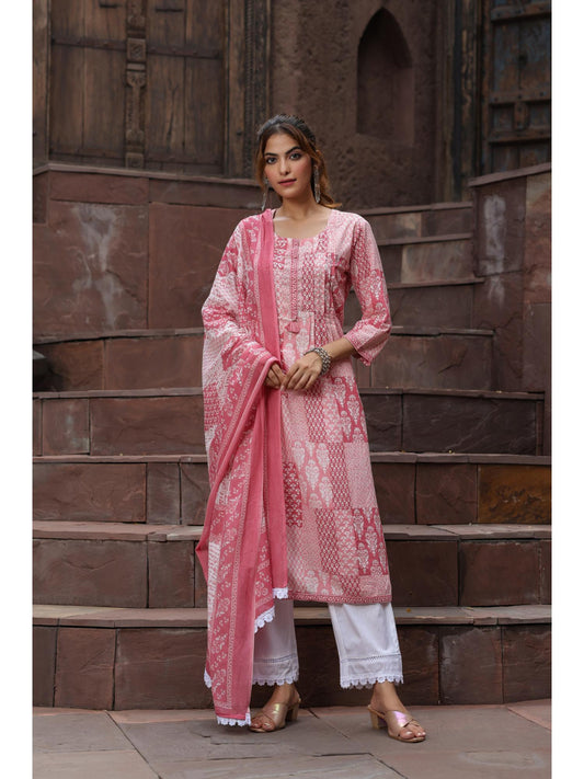 Women Peach Printed Sequinned A-line Kurta with Trouser and Dupatta (Set of 3)
