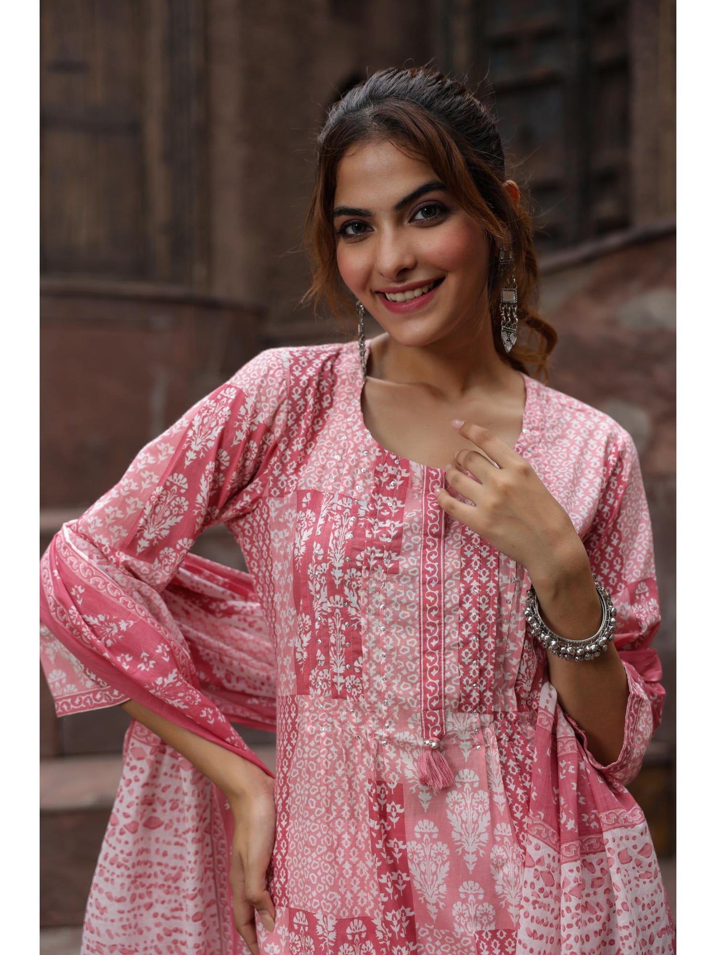 Women Peach Printed Sequinned A-line Kurta with Trouser and Dupatta (Set of 3)