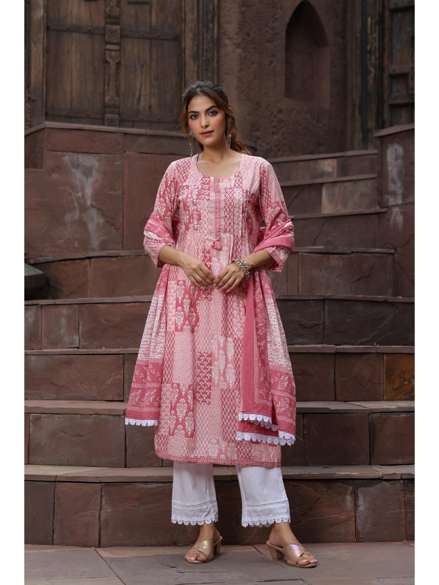 Women Peach Printed Sequinned A-line Kurta with Trouser and Dupatta (Set of 3)