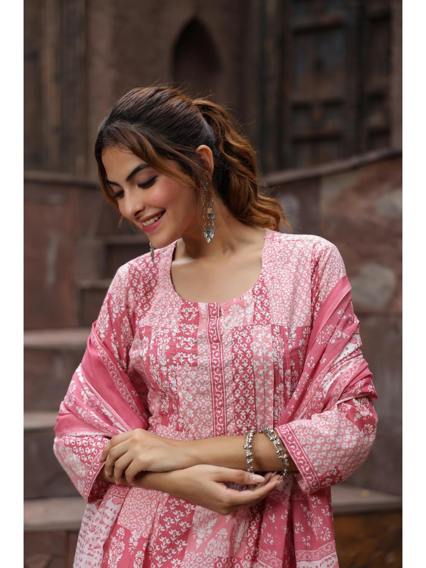 Women Peach Printed Sequinned A-line Kurta with Trouser and Dupatta (Set of 3)