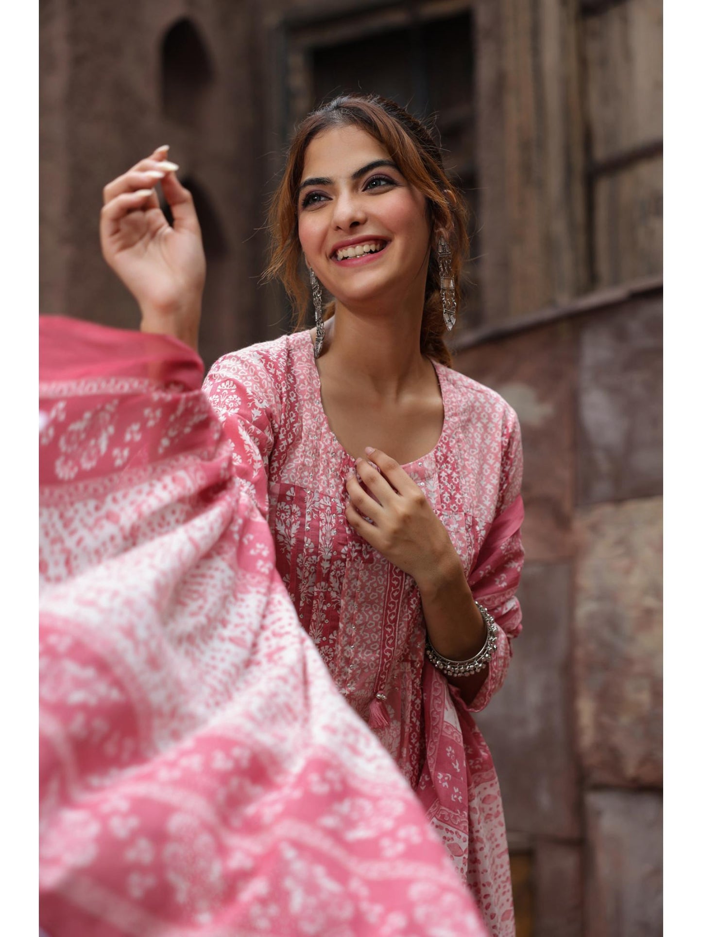 Women Peach Printed Sequinned A-line Kurta with Trouser and Dupatta (Set of 3)
