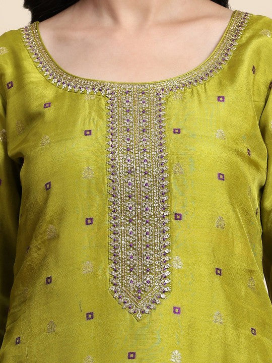 Trendmalls Ethnic Motifs Woven Design Sequinned Pure Silk Kurta