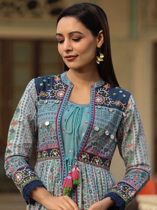 Printed Cotton Maxi Dress With Jacket