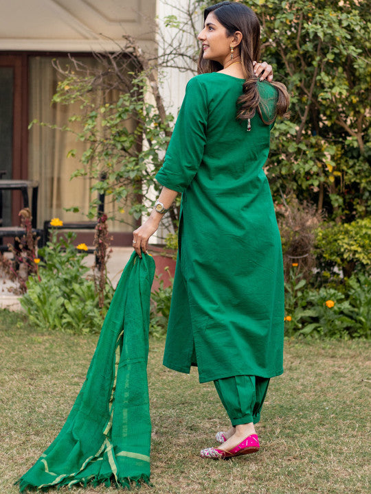 DIMPLE DESIGN STUDIO Notched Neck Pure Cotton Kurta with Salwar & Dupatta
