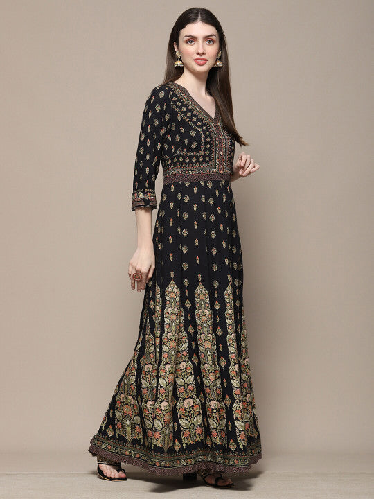 Biba Ethnic Motifs Printed V-Neck Sequinned A-Line Maxi Ethnic Dress