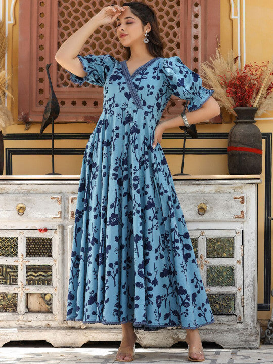 EverBloom Printed Pure Cotton Puff Sleeves Angrakha Ethnic Dresses