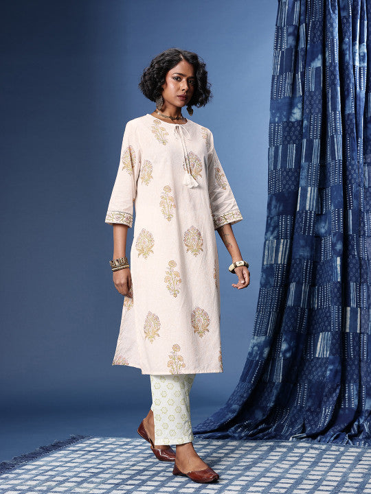 Taavi Bagru Floral Printed Pure Cotton Kurta with Trousers & Dupatta