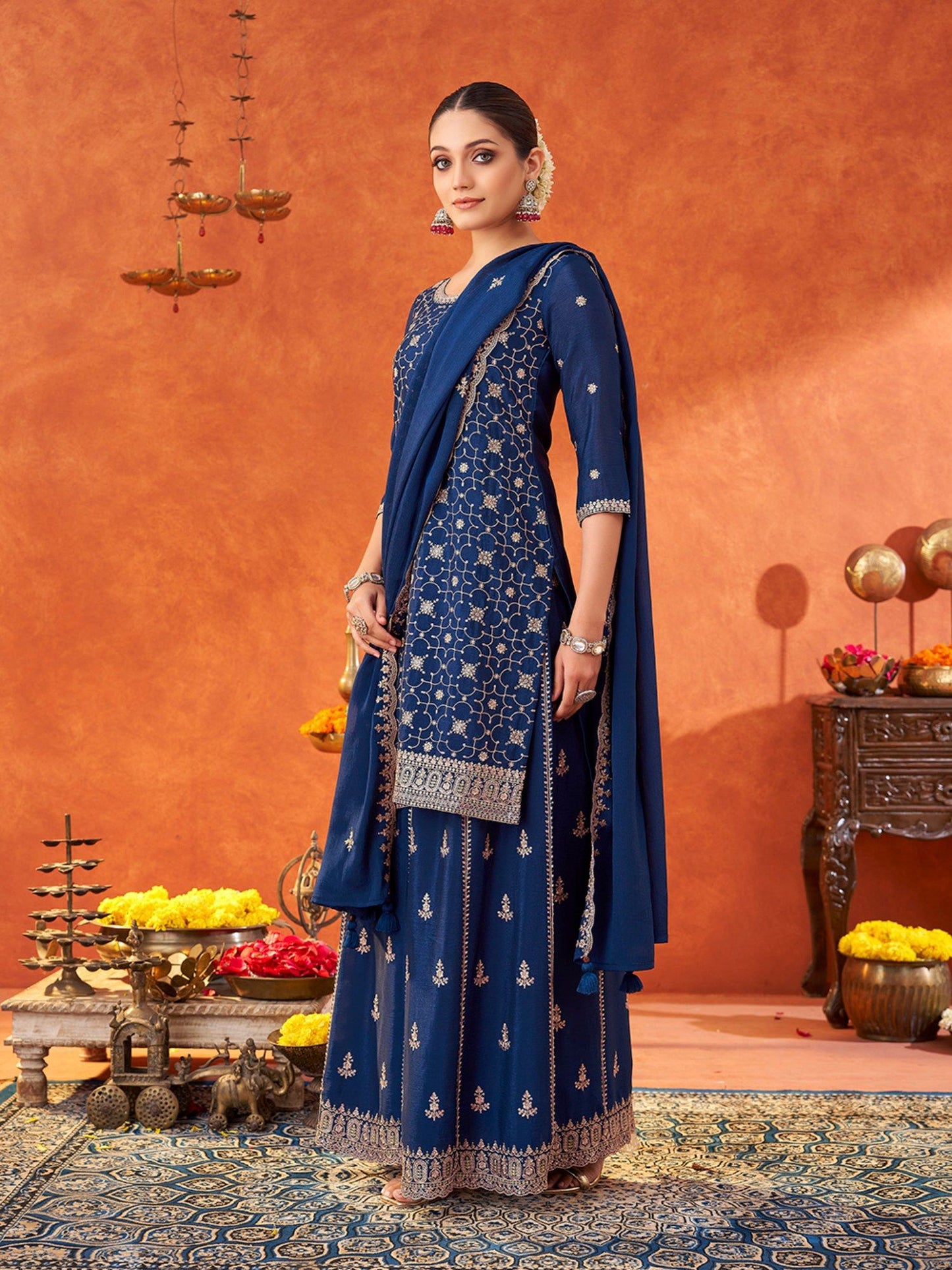Kurta and Sharara with Dupatta with Scallop Edge (Set of 3)