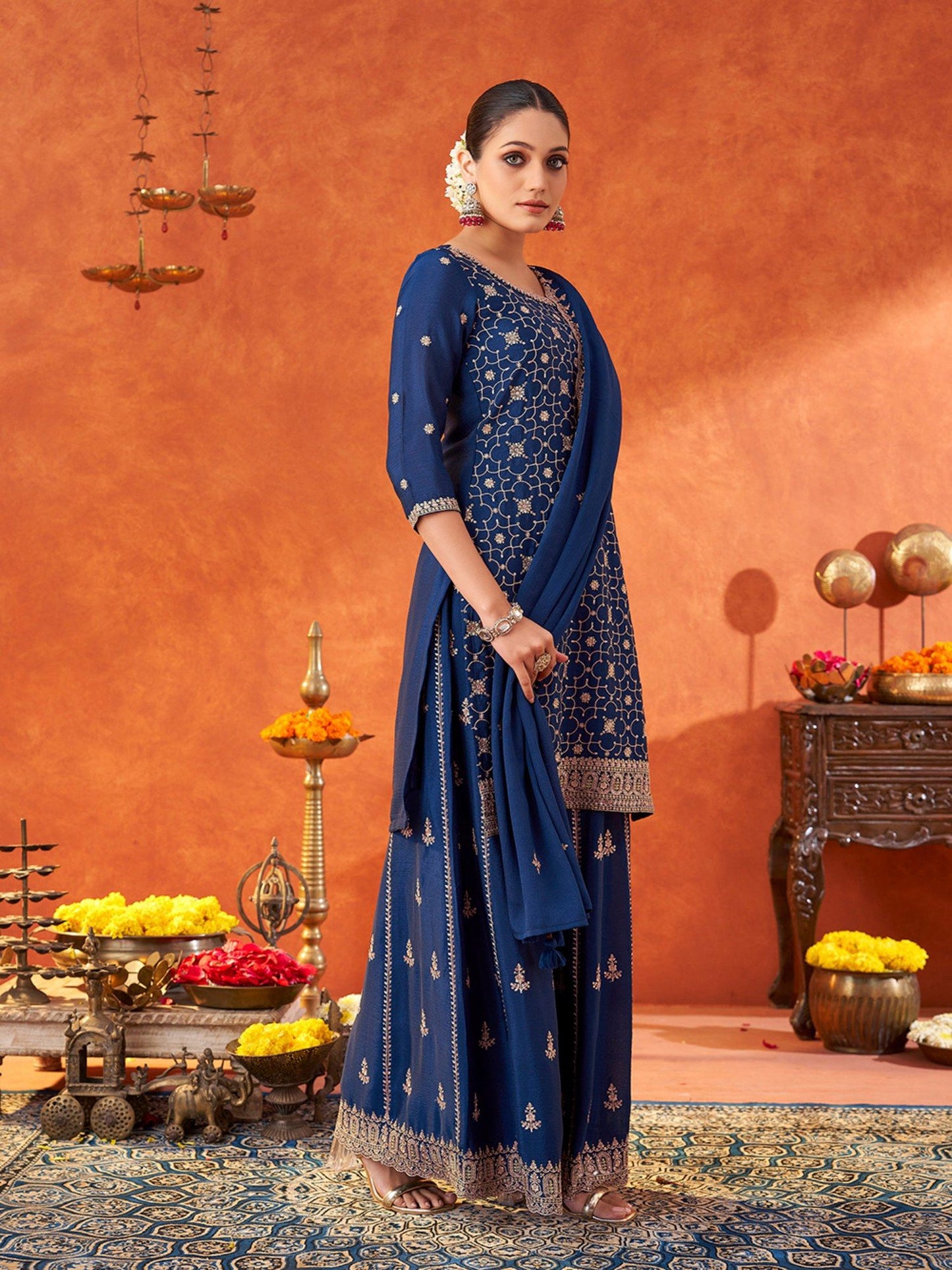 Kurta and Sharara with Dupatta with Scallop Edge (Set of 3)