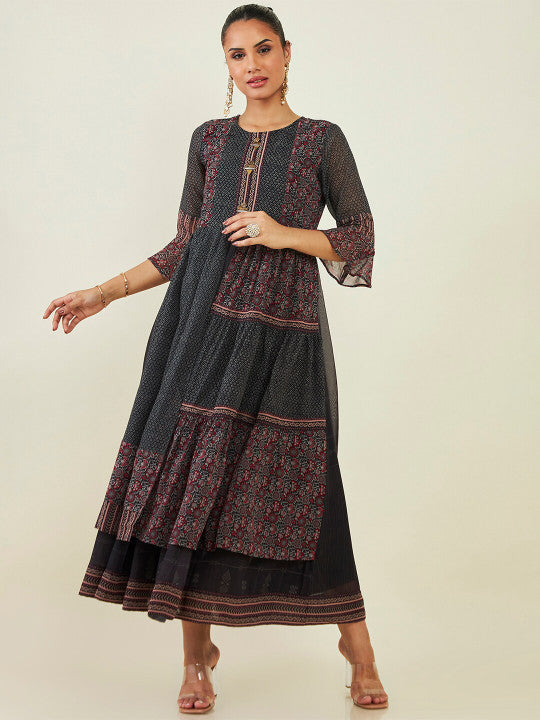 Neck Ethnic Motifs Printed Georgette Fit And Flare Ethnic Dress