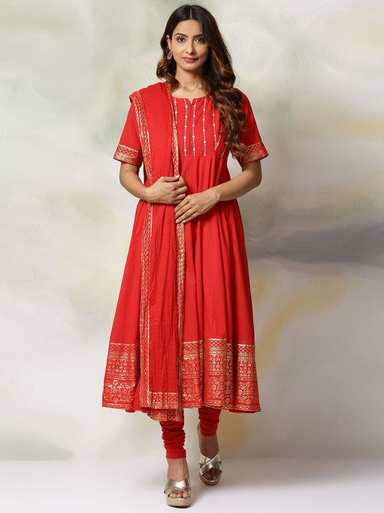 Biba Striped Embroidered Beads & Stones Pure Cotton Anarkali Kurta with Churidar & Dupatta