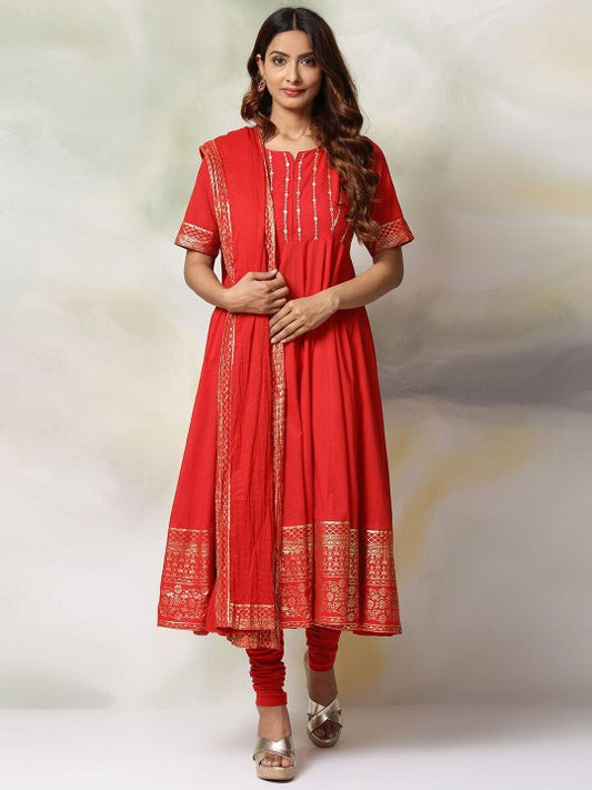 Biba Striped Embroidered Beads & Stones Pure Cotton Anarkali Kurta with Churidar & Dupatta