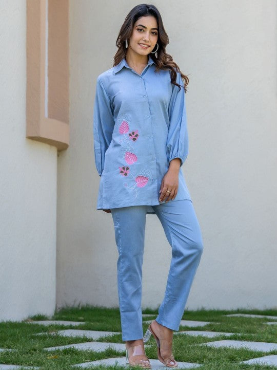 HOUSE OF JAMOTI Women Embroidered Collar Neck Shirt With Trousers Co-Ords