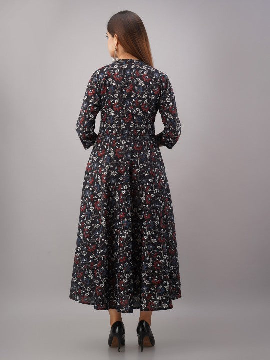 Floral Printed Pure Cotton Fit and Flare Ethnic Dress