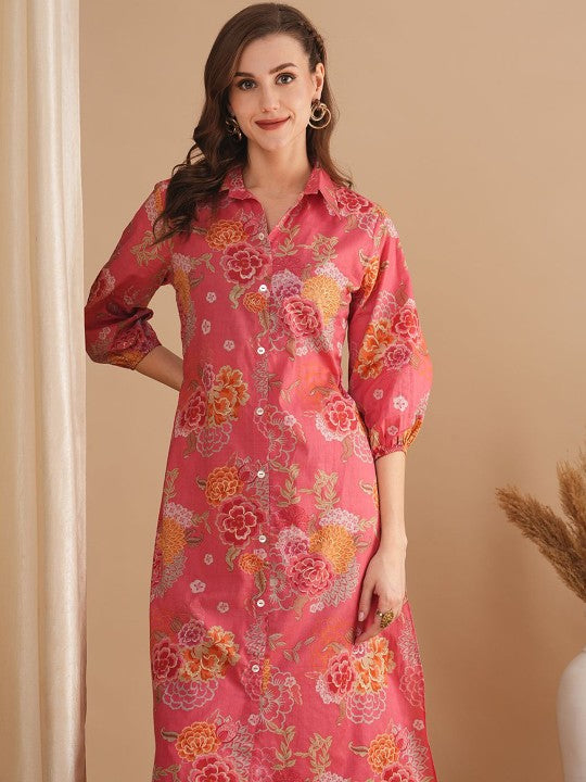 FASHOR Pink Shirt Collar Floral Printed Cotton Tunic With Trouser
