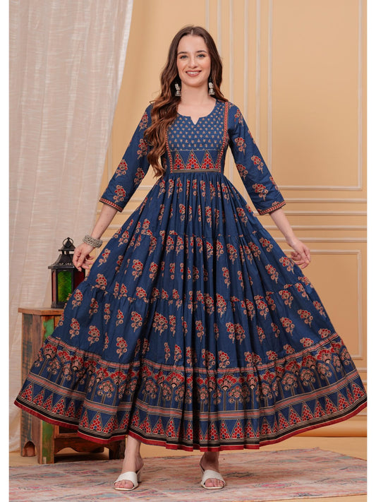 Women Cotton Sequins Printed Round Neck Three Fourth Sleeves Flared Maxi Dress
