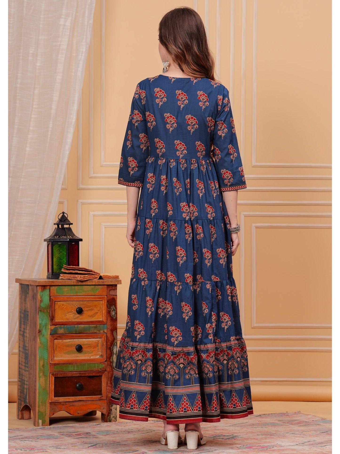 Women Cotton Sequins Printed Round Neck Three Fourth Sleeves Flared Maxi Dress
