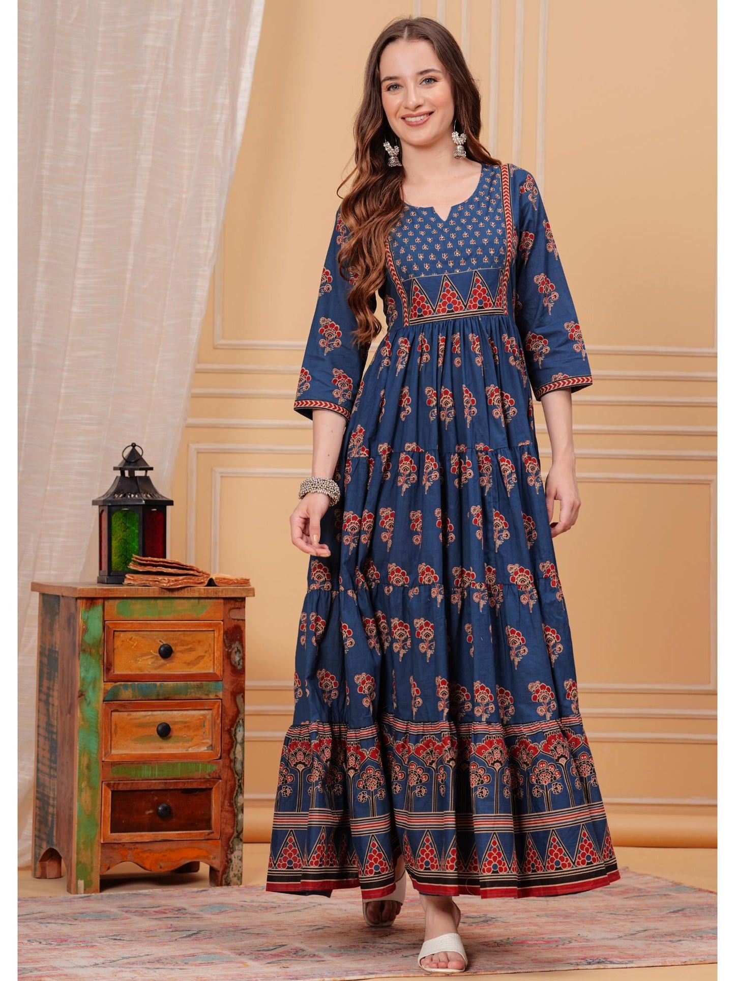 Women Cotton Sequins Printed Round Neck Three Fourth Sleeves Flared Maxi Dress